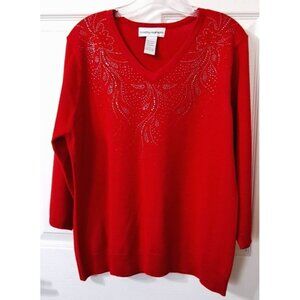 Cathy Daniels Women's L Red Long Sleeve Pullover Sweater Rhinestones Holiday